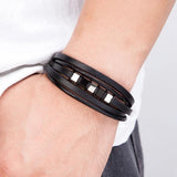 Men's Multilayer Braided Leather Bracelet Stainless Steel Charm Magnetic Clasp