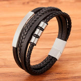 Men's Multilayer Braided Leather Bracelet Stainless Steel Charm Magnetic Clasp