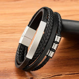 Men's Multilayer Braided Leather Bracelet Stainless Steel Charm Magnetic Clasp