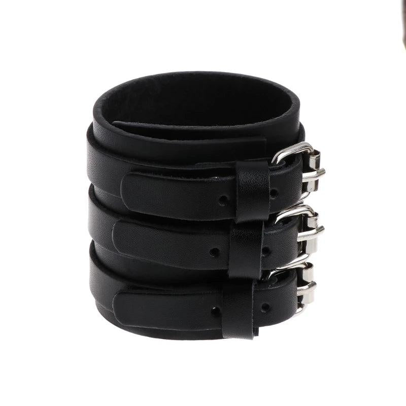 Faux Leather Hand Bone Rivets Wide Buckle Wristband Bracelet
