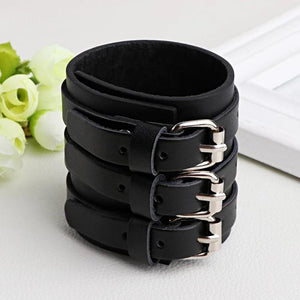 Faux Leather Hand Bone Rivets Wide Buckle Wristband Bracelet