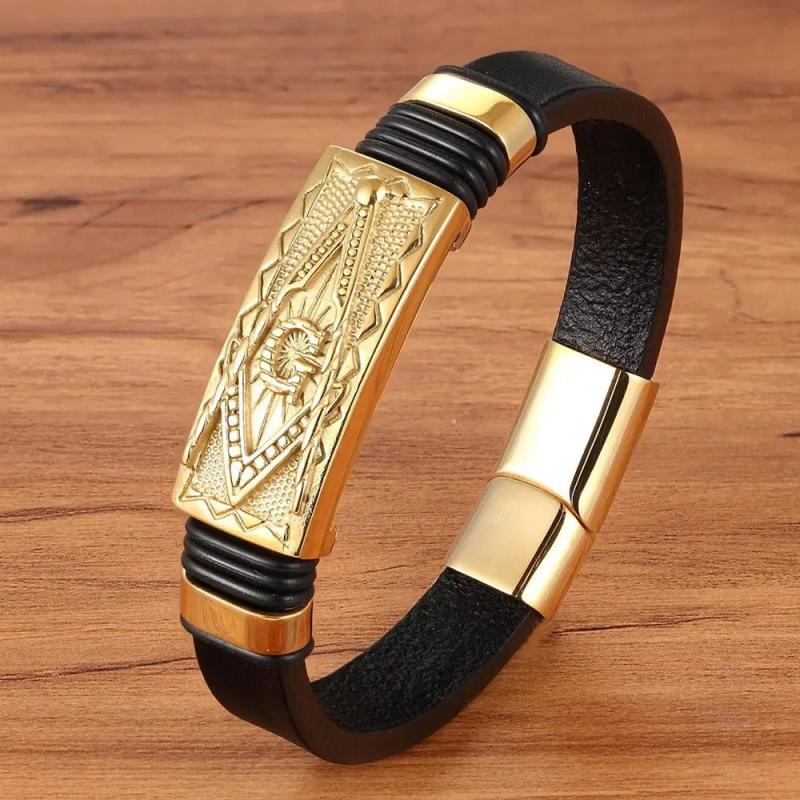 Men's Leather Stainless Steel Bracelet with Button Symbol Gift