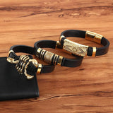 Men's Leather Stainless Steel Bracelet with Button Symbol Gift