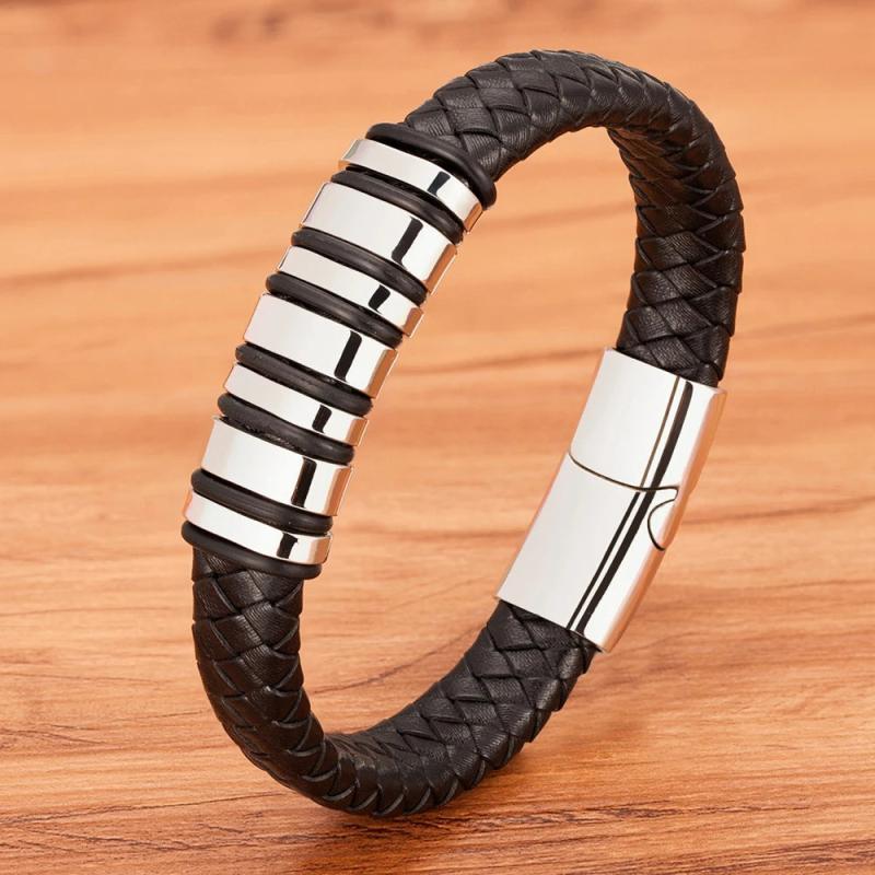 Stainless Steel Men's Leather Bracelet Handsome Boy Gift