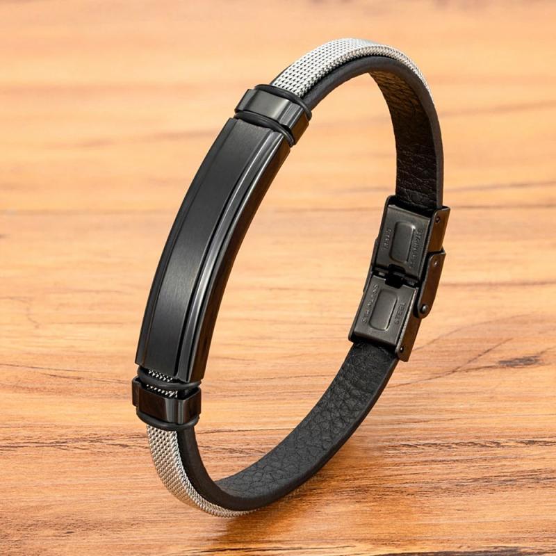 Men's Leather Bracelet Stainless Steel Two-tier Charm Bangle