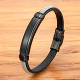 Men's Leather Bracelet Stainless Steel Two-tier Charm Bangle