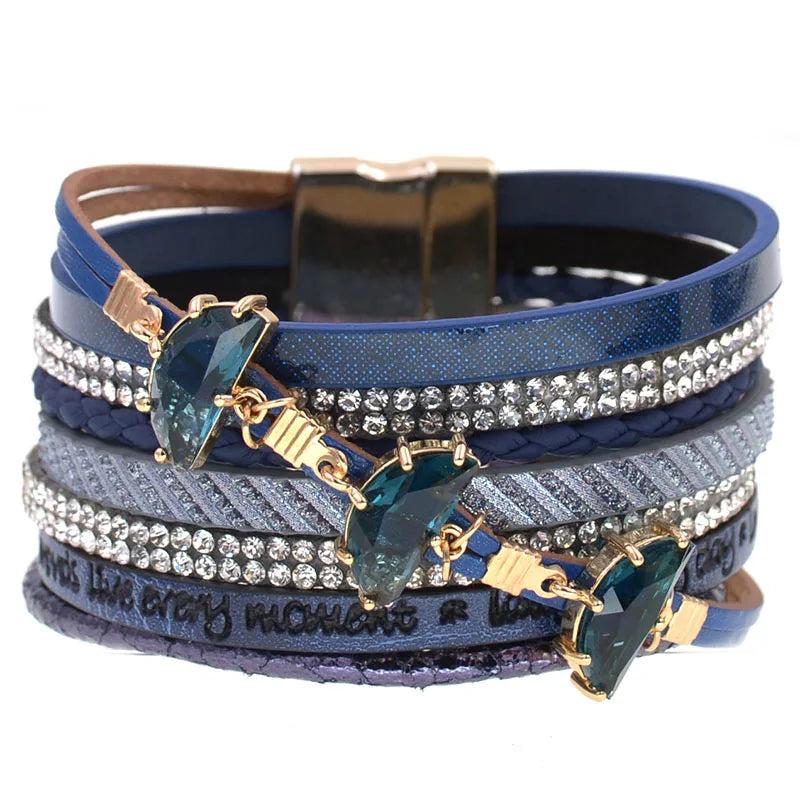 Leather Bracelet Women Rhinestone Crystal Charm Bracelets Wrap Bangles Jewelry