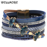 Leather Bracelet Women Rhinestone Crystal Charm Bracelets Wrap Bangles Jewelry