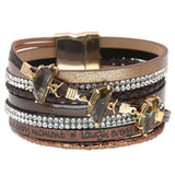 Leather Bracelet Women Rhinestone Crystal Charm Bracelets Wrap Bangles Jewelry