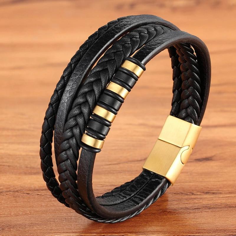 Men's Stainless Steel Leather Bracelet Multi-layer Magnet Clasp