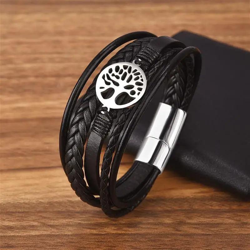 Tree Charm Leather Bracelet Stainless Steel Clasp Hand Bracelet