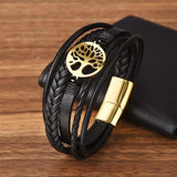 Tree Charm Leather Bracelet Stainless Steel Clasp Hand Bracelet