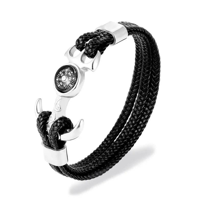Stainless Steel Compass Anchor Shackles Leather Bracelet