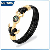 Stainless Steel Compass Anchor Shackles Leather Bracelet