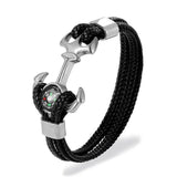 Stainless Steel Compass Anchor Shackles Leather Bracelet