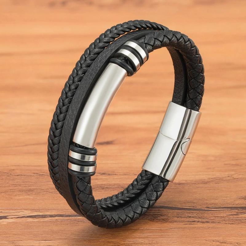 Multi-layer Leather Men's Bracelet Stainless Steel Magnet Accessories