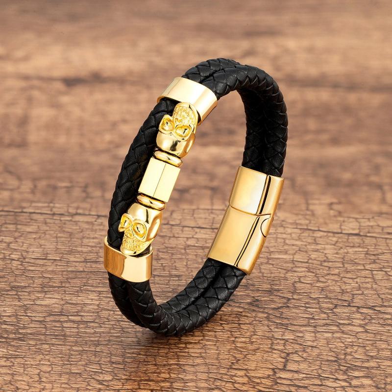 Men's Skull Leather Bracelet Punk Hip-hop Stainless Steel Clasp Jewelry