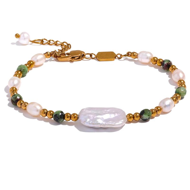 Baroque Epidote Stone Freshwater Pearls Stainless Steel Bracelet Bangle
