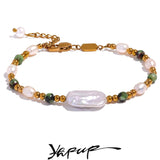 Baroque Epidote Stone Freshwater Pearls Stainless Steel Bracelet Bangle
