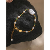 Baroque Epidote Stone Freshwater Pearls Stainless Steel Bracelet Bangle