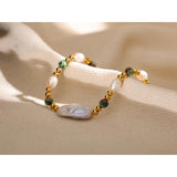 Baroque Epidote Stone Freshwater Pearls Stainless Steel Bracelet Bangle