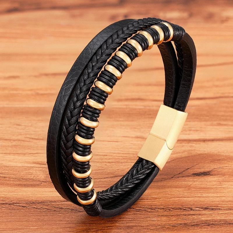Hand-woven Stainless Steel Men's Leather Bracelet