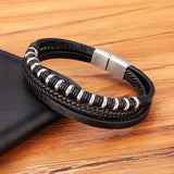Hand-woven Stainless Steel Men's Leather Bracelet