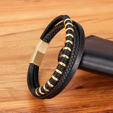 Hand-woven Stainless Steel Men's Leather Bracelet