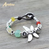 Anslow Dragonfly Resin Beads Leather Bracelet For Women