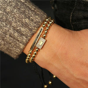 2Pcs/set CZ Crown Charm Long Tube Bracelet Men's Macrame Bead Set Jewelry