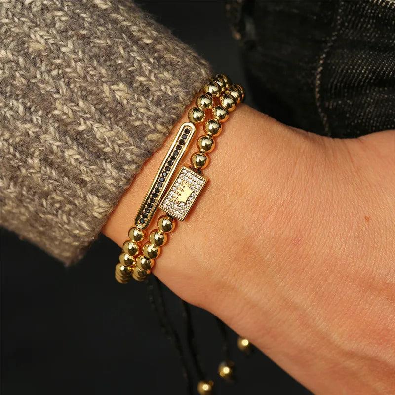 2Pcs/set CZ Crown Charm Long Tube Bracelet Men's Macrame Bead Set Jewelry