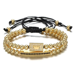 2Pcs/set CZ Crown Charm Long Tube Bracelet Men's Macrame Bead Set Jewelry