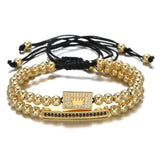 2Pcs/set CZ Crown Charm Long Tube Bracelet Men's Macrame Bead Set Jewelry