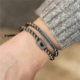 2Pcs/set CZ Crown Charm Long Tube Bracelet Men's Macrame Bead Set Jewelry