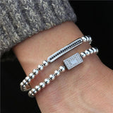 2Pcs/set CZ Crown Charm Long Tube Bracelet Men's Macrame Bead Set Jewelry