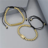 2Pcs/set CZ Crown Charm Long Tube Bracelet Men's Macrame Bead Set Jewelry