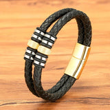 Stainless Steel Leather Bracelets For Men Double Layers Braided