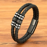 Stainless Steel Leather Bracelets For Men Double Layers Braided