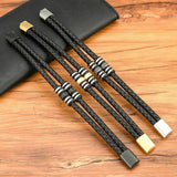 Stainless Steel Leather Bracelets For Men Double Layers Braided