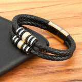 Stainless Steel Leather Bracelets For Men Double Layers Braided