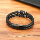 Stainless Steel Leather Bracelets For Men Double Layers Braided