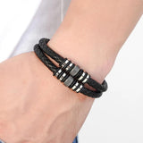 Stainless Steel Leather Bracelets For Men Double Layers Braided
