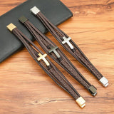 Punk Cross Leather Bracelet Stainless Steel Men's Bangles