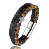 Tiger Eye Beads Bracelet Hematite Cross Steel Men Wrist Band