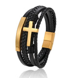 Stainless Steel Cross Leather Bracelet with Magnetic Buckle