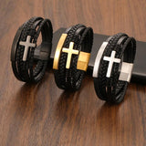 Stainless Steel Cross Leather Bracelet with Magnetic Buckle