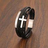 Stainless Steel Cross Leather Bracelet with Magnetic Buckle