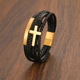 Stainless Steel Cross Leather Bracelet with Magnetic Buckle
