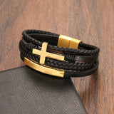 Stainless Steel Cross Leather Bracelet with Magnetic Buckle