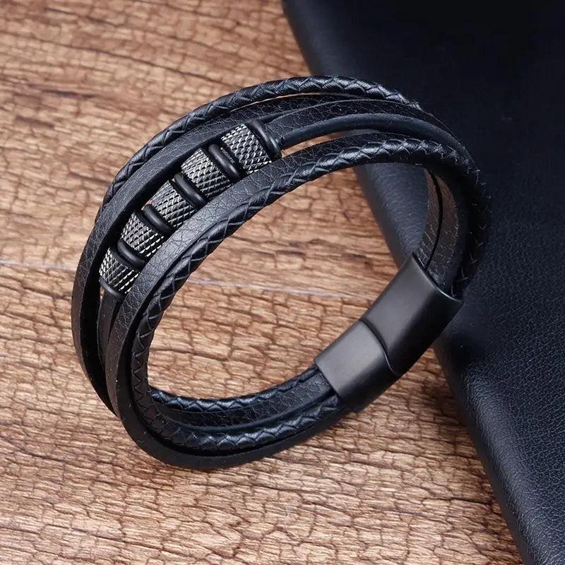 Men's Leather Bracelet Stainless Steel Hand-woven Multi-layer